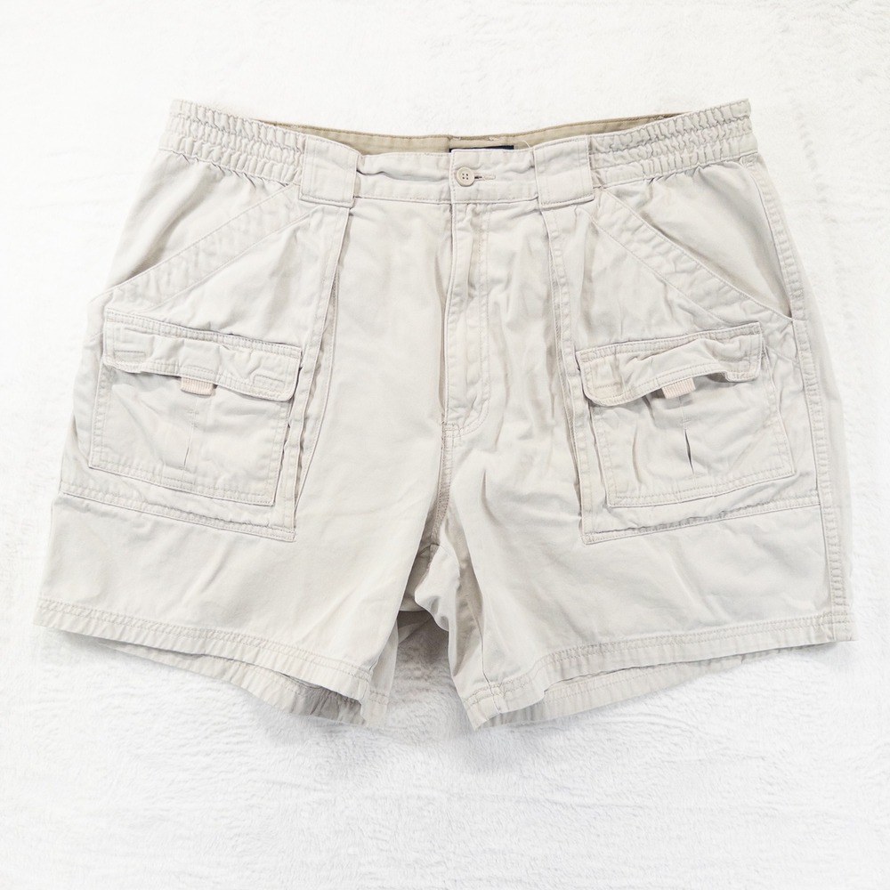 St. Johns Bay Mens Cargo Shorts 40 Beige Cotton Elastic Waist Utility Hiking